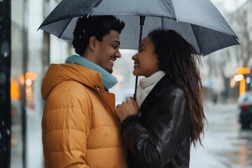 Wall Mural - A man and woman are standing under an umbrella, smiling at each other. The man is wearing a yellow jacket and the woman is wearing a black jacket. Scene is happy and romantic