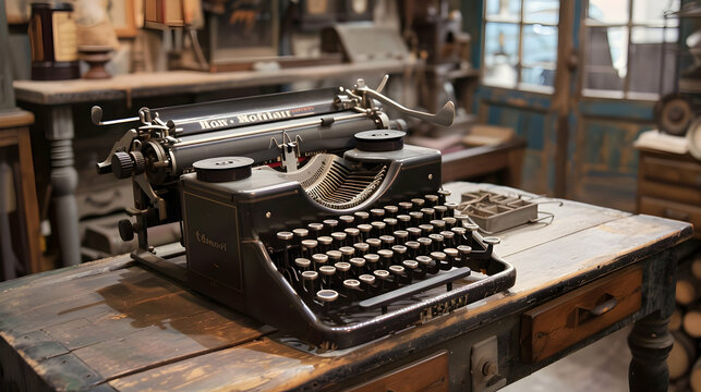 Writer's old typewriter on wooden desk
