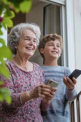 Wall Mural - A woman and a young boy are standing on a balcony, both holding cell phones. The woman is smiling and the boy is also smiling. Concept of happiness and connection between the two generations