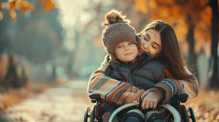 Poster - A woman and a child are sitting in a wheelchair