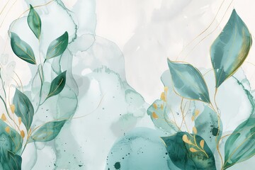 Abstract art background vector, Luxury minimal style wallpaper with golden line art flower and botanical leaves, Organic shapes, aqua Watercolor on white background