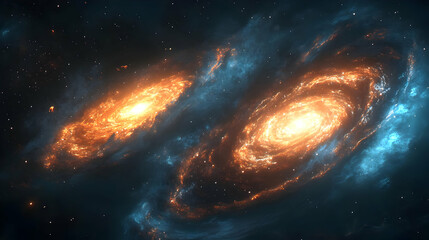 Wall Mural - two fiery spiral galaxies in a dark space.