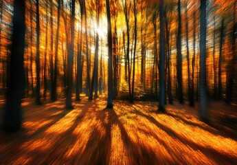 Poster - A beautiful autumn forest with trees in bright golden and orange colors, the sun shines through them. The light is blurred by motion, creating an impression of movement and energy
