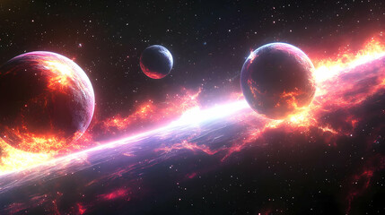 Wall Mural - two planets collide in a fiery explosion, creating a vibrant, colorful spectacle against a backdrop 
