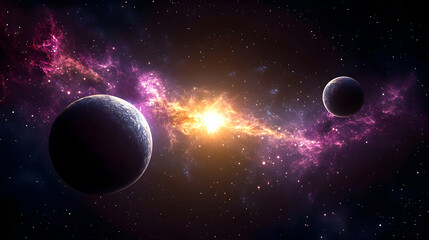 Wall Mural - two planets in a cosmic dance, illuminated by a bright star, surrounded by a nebula.