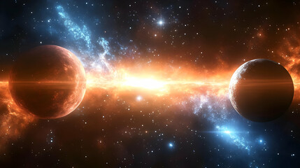 Wall Mural - two planets in a distant galaxy with a bright light source in the middle.