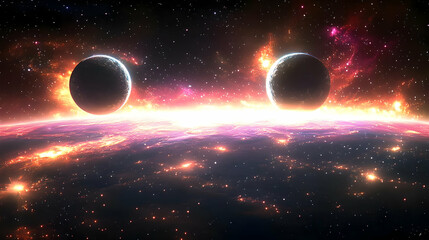 Wall Mural - two planets in a glowing nebula.