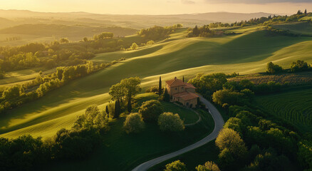 Sticker - Beautiful green landscape with trees and a road, aerial view of a farmhouse in spring on rolling hills