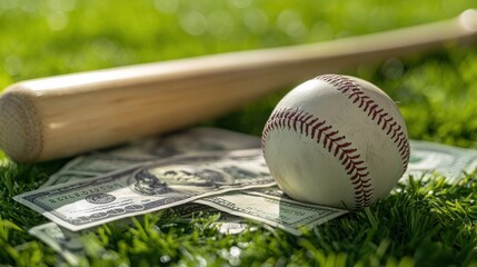 Baseball ball, bat and dollar banknotes on green grass, closeup