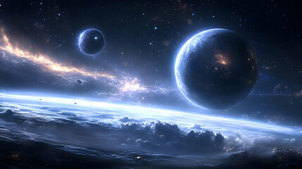Wall Mural - two planets in space with bright light and stars in the background.
