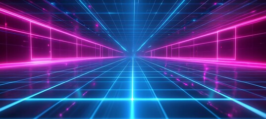Poster - A digital landscape with glowing neon grids and cybernetic structures