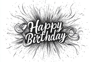 Poster - happy birthday text with sunburst, hand lettering, black and white, white background, 