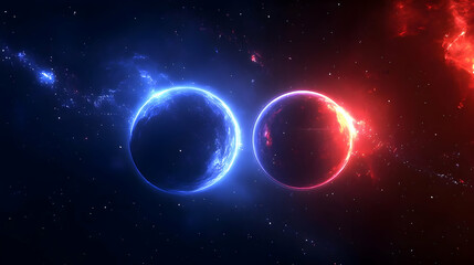 Two planets, one blue and one red, glow in the darkness of space.