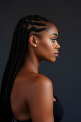 Wall Mural - A profile portrait of a beautiful black woman with long braided hair, showcasing her elegant features and glowing skin. The background is blurred.