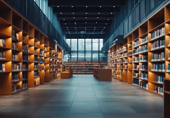 Poster - Modern Library Interior with Bookshelves and Lighting