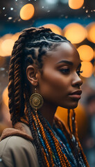 Wall Mural - A profile portrait of a beautiful black woman with long braided hair, showcasing her elegant features and glowing skin. The background is blurred.