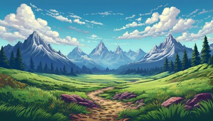 Wall Mural - Pixelated Mountain Range - A pixel art landscape design of a distant mountain range, with jagged peaks rising against the clouds. Game design poster. Graphic art 8 bit illustration