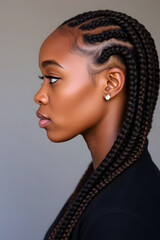 Wall Mural - A profile portrait of a beautiful black woman with long braided hair, showcasing her elegant features and glowing skin. The background is blurred.