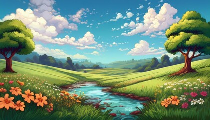 Wall Mural - Pixelated Sunny Meadow - A pixelated landscape featuring a bright, sunny meadow with rolling green hills. Game design poster. Graphic art 8 bit illustration