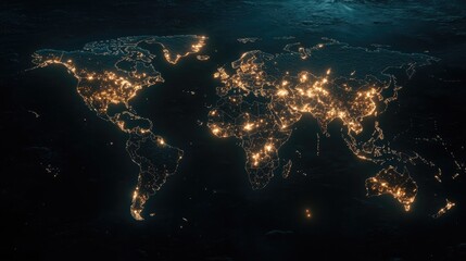 Poster - this visual illustrates a world map with illuminated pathways connecting major cities in latin ameri