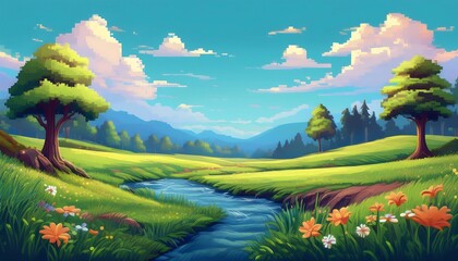 Wall Mural - Pixelated Sunny Meadow - A pixelated landscape featuring a bright, sunny meadow with rolling green hills. Game design poster. Graphic art 8 bit illustration poster