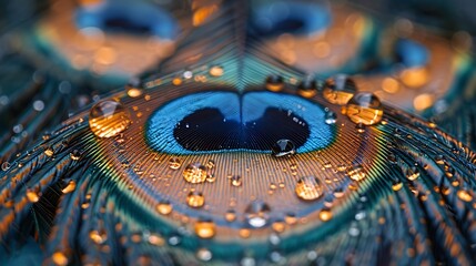 Water droplets on a peacock feather