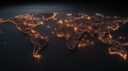 Poster - this visual illustrates a world map with illuminated pathways connecting major cities in latin ameri