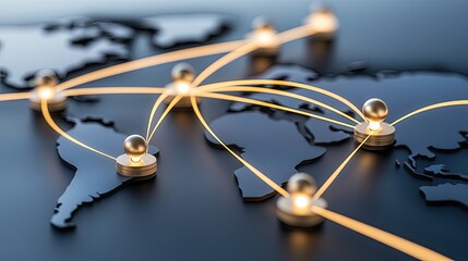 Poster - this visual illustrates a world map with illuminated pathways connecting major cities in latin ameri