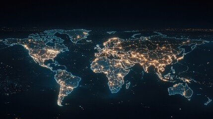 Poster - this visual illustrates a world map with illuminated pathways connecting major cities in latin ameri
