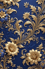 vintage royal navy blue with elegant white and gold flowers pattern