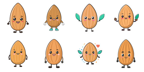 Illustration of multiple cute almond characters, black outline