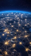 Poster - this visual illustrates a world map with illuminated pathways connecting major cities in latin ameri