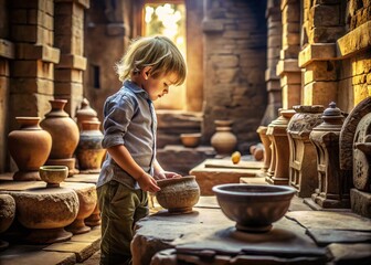 Timeless Wonders: Child interacting with ancient artifacts, earthy tones, aged textures, and a sense of historical depth.