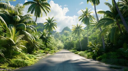 Wall Mural - A road flows through a verdant box with palm trees giving a backdrop