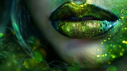 Wall Mural - Close-up of a woman with detailed green glitter makeup on lips and eyes. Background has green tinted bokeh, creating a fantasy atmosphere.