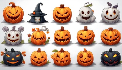 Wall Mural - Pixelated Spooky Halloween Pumpkins Icons Set - collection of 8-bit pixel art spooky Halloween pumpkin faces. Game design assets. Graphic art 8 bit illustration isolated. Ai Generated