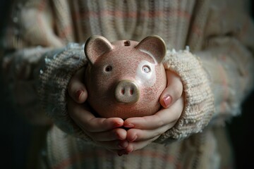 Poster - A person is holding a piggy bank in their hands