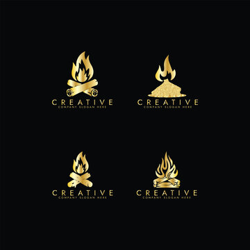 Campfire golden logo set design, Burning Bonfire With Crossing Woods vector design