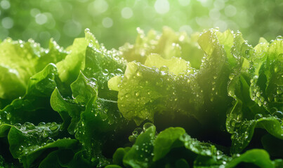 Fresh green lettuce with water drops on a bright green background with spot light in the background