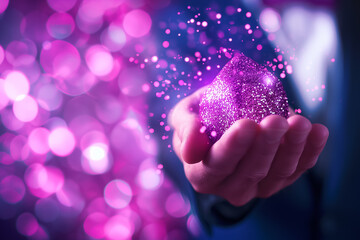 Poster - In a vibrant atmosphere filled with colorful bokeh lights, an individual gently holds a glittering purple crystal, radiating a sense of magic and joy