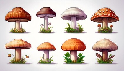 Pixelated Brown Mushroom Game Sprites - collection of 8-bit pixel art mushrooms as gaming asset. Game design assets. Graphic art 8 bit illustration isolated. Ai Generative