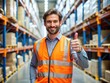 © Adisorn - A smiling worker in a bright orange vest gives a confident thumbs up, standing triumphantly in front of shelved inventory in a well-organized warehouse.