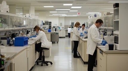Poster - scientists conduct research in a modern laboratory filled with equipment and materials during workin