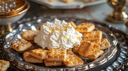 A silver platter with cream fried crackers and hot bubbles on top