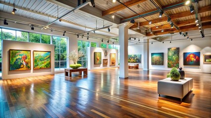 A spacious, modern art gallery featuring a diverse exhibit of vibrant paintings, sculptures, and installations, with a sleek wooden floor and abundant natural light.