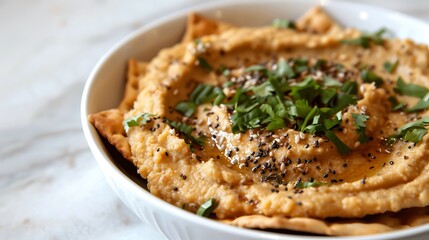 A simple design of a hummus topped sans gluten cracker