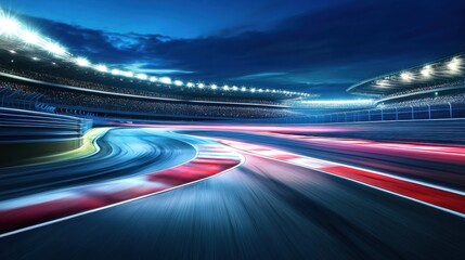 brightly lit racing track inside a modern stadium at night. Dramatic lighting and motion blur effects.