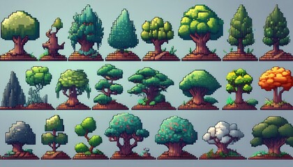 Wall Mural - Pixelated Environmental Objects Sprites - collection of 16-bit pixel art environmental objects, like trees, stones, rocks, leaves. Game design assets. Graphic art 8 bit illustration isolated