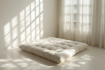 A white futon is on a white floor in a room with a window