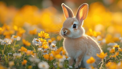 Adorable Bunny in a Field of Flowers